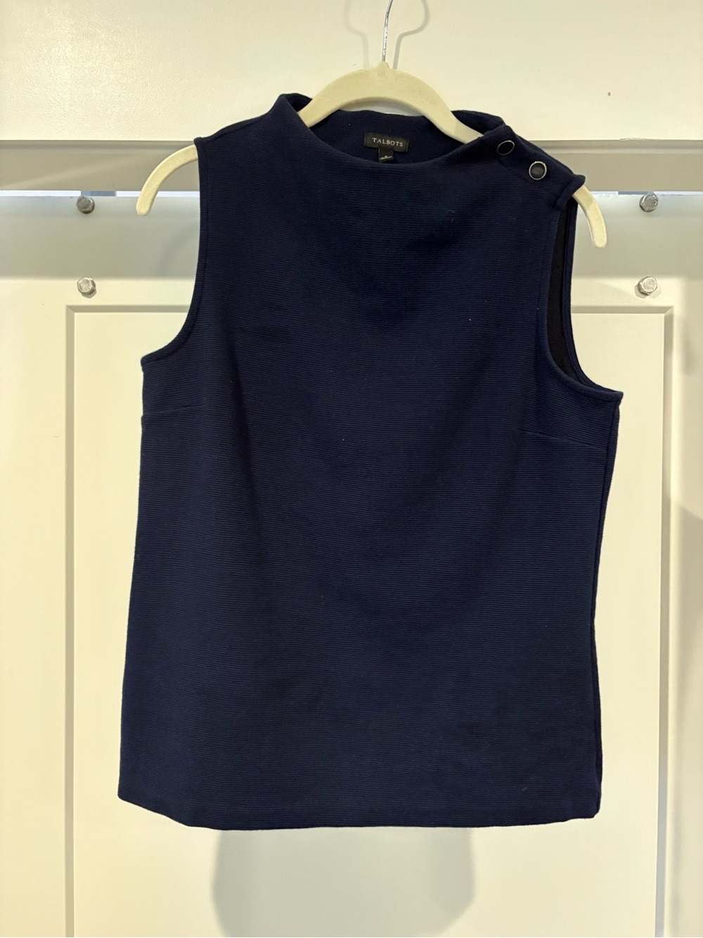 Talbots Navy Sleeveless Mock Neck Shell with Shoulder Snaps